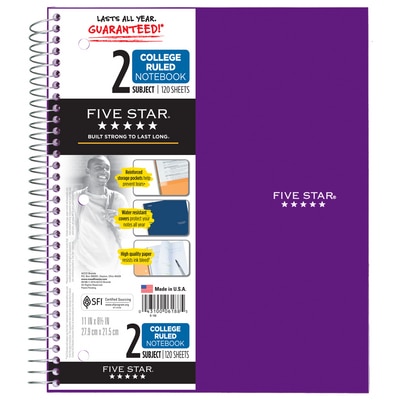 Five Star Wirebound Notebook 2 Subject College Ruled 11 x 8 12 Assorted Colors
