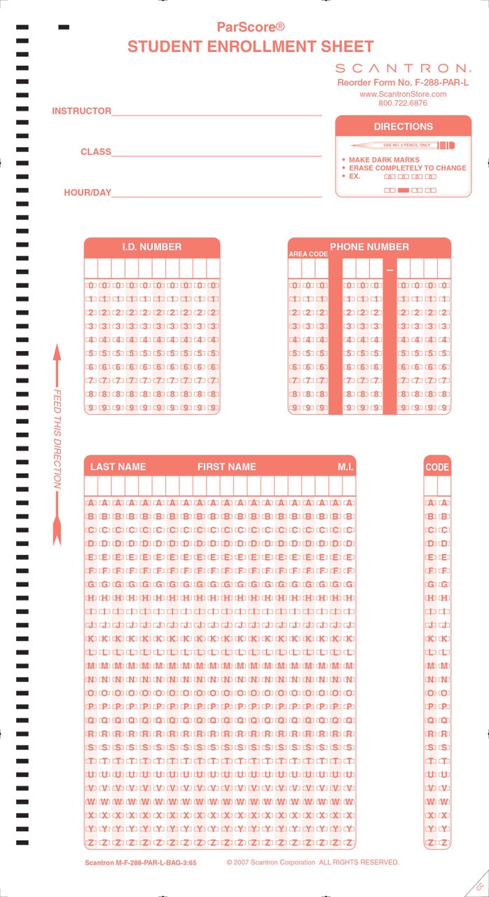 Scantron Form F 288  PAR  L  BAG