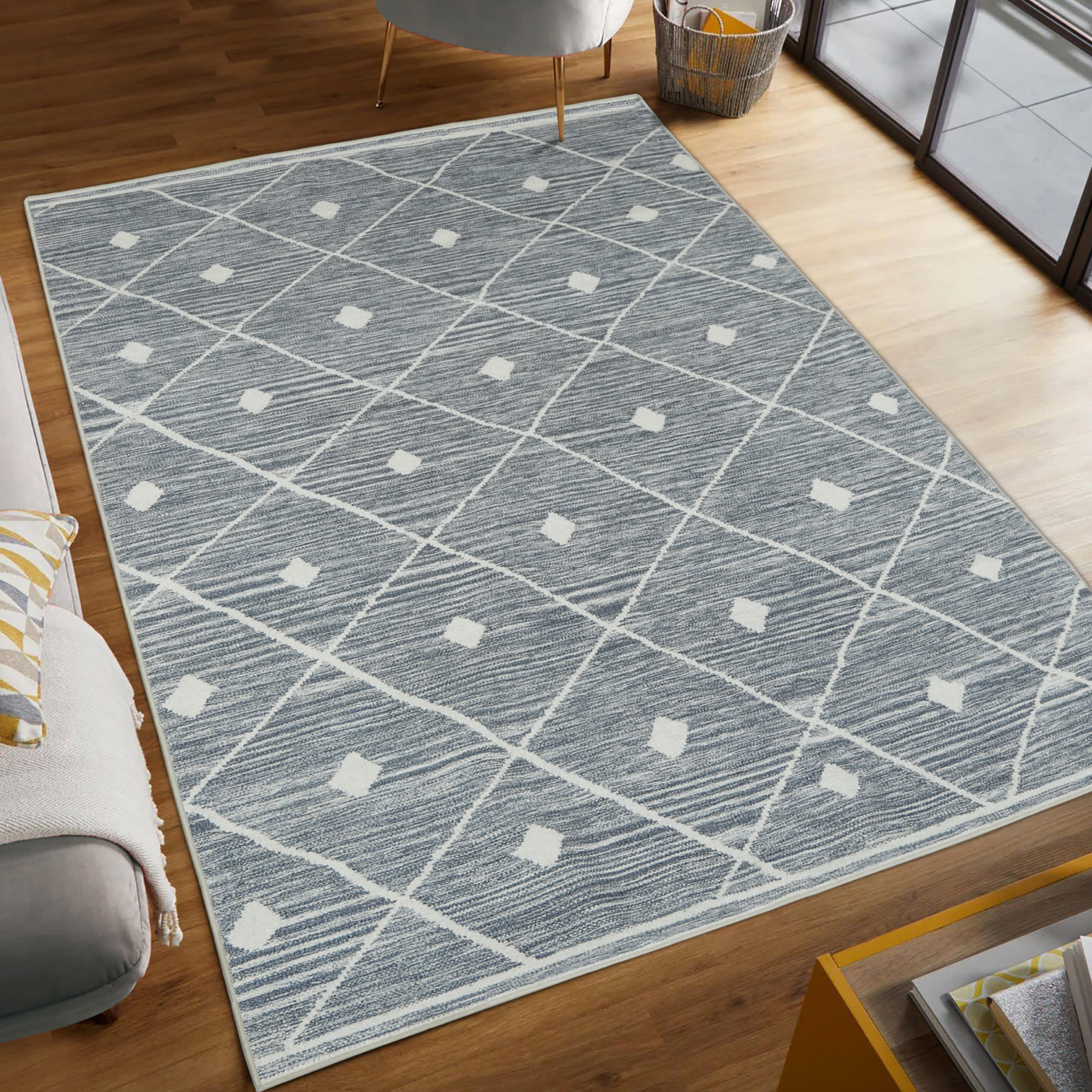 Wyatt & Ash Blue Grey Seta Imagine Printed Chenille 5' x 7' Non Skid & Machine Washable Area Rug