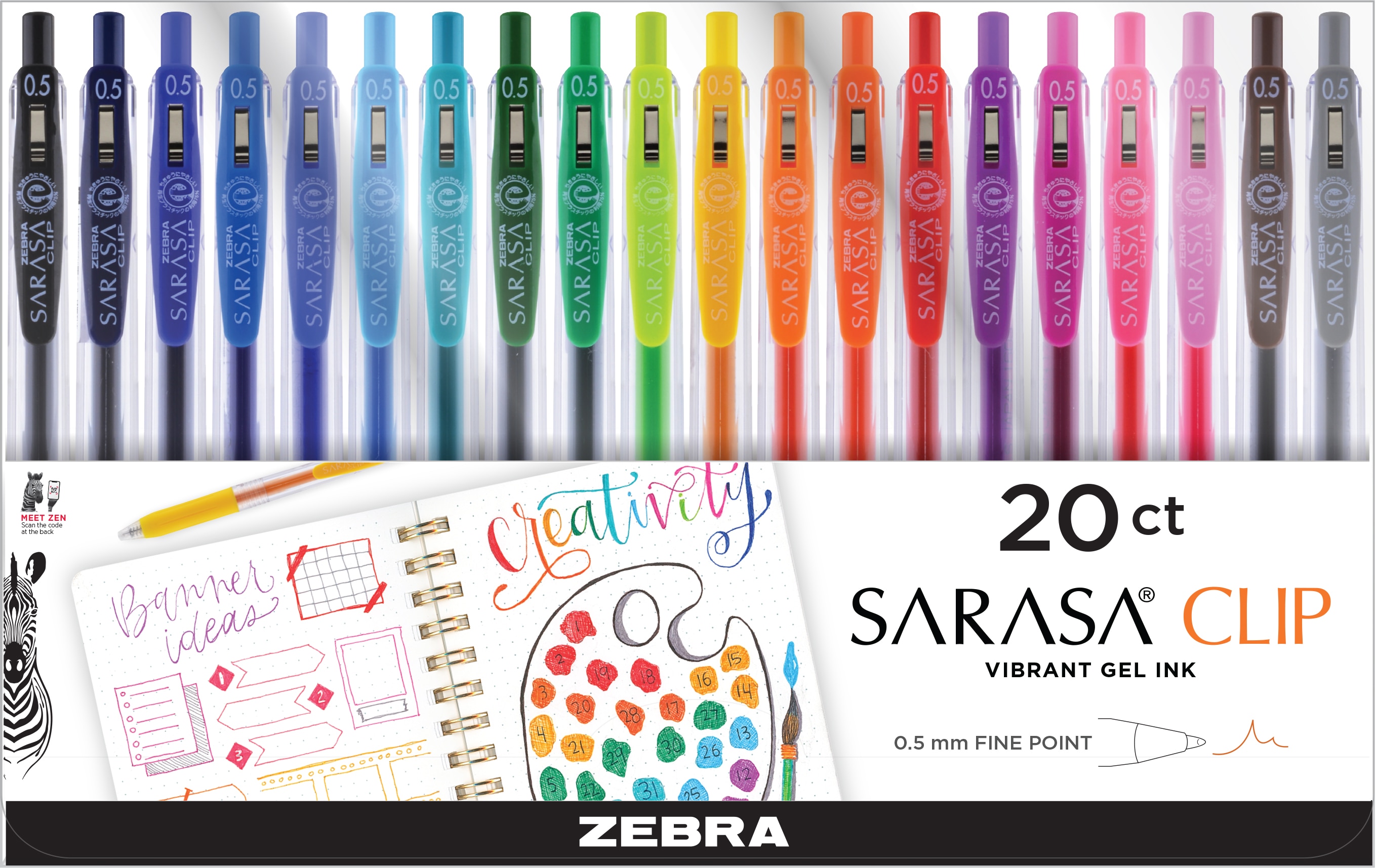 Zebra SARASA Clip 0.5mm Gel Ink Rollerball Assorted 20pk