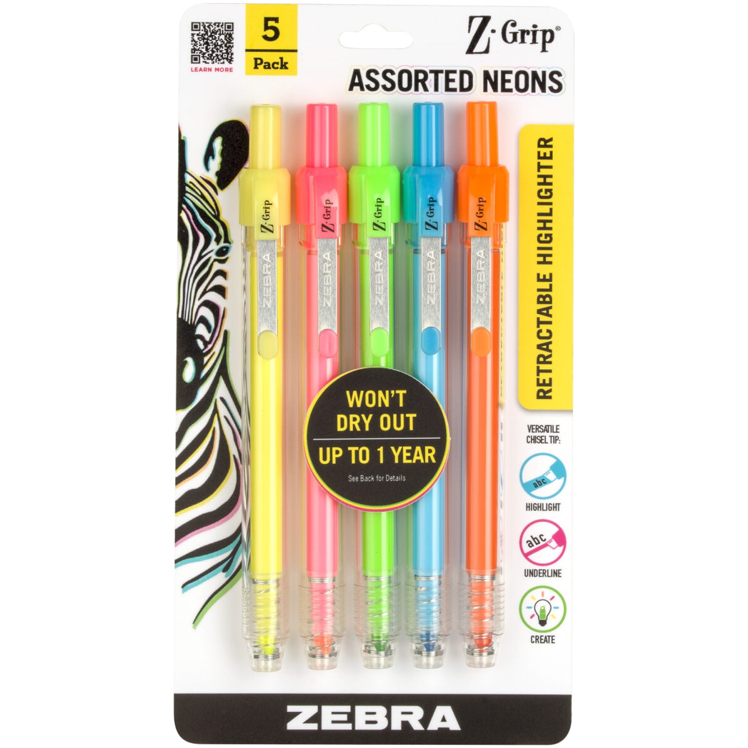 Z-Grip Retractable Highlighter Asst Neons 5pk