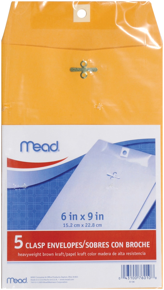 Mead Clasp Envelopes, 6" x 9", Brown Kraft, 5 Count