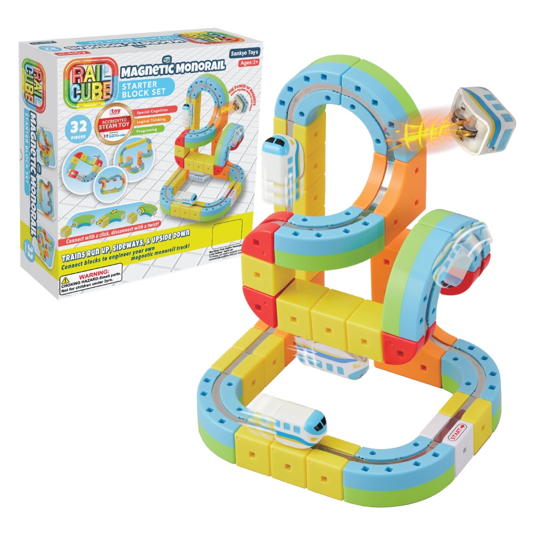 RAIL CUBE Magnetic Monorail Starter Set 32-Piece Building Blocks System with Rechargeable Train