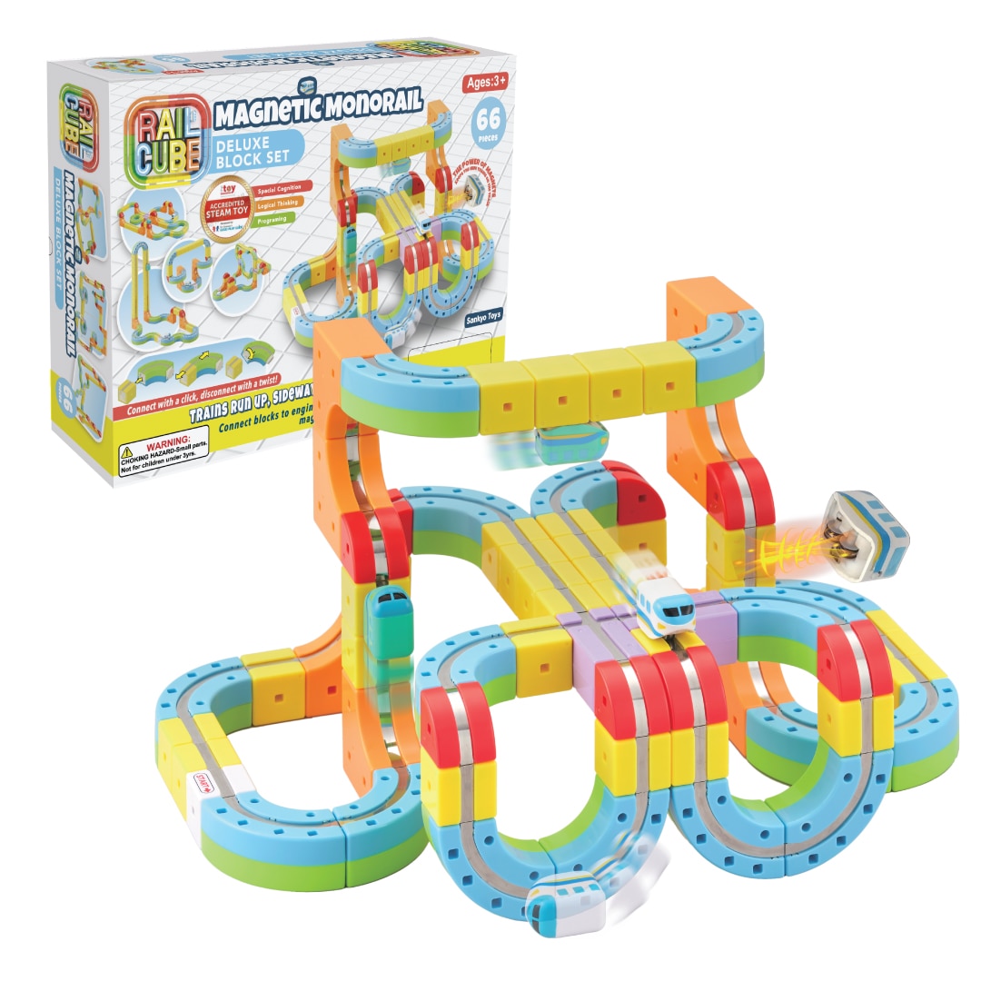 RAIL CUBE Magnetic Monorail Deluxe Set 66-Piece Building Blocks System with 2 Rechargeable Trains