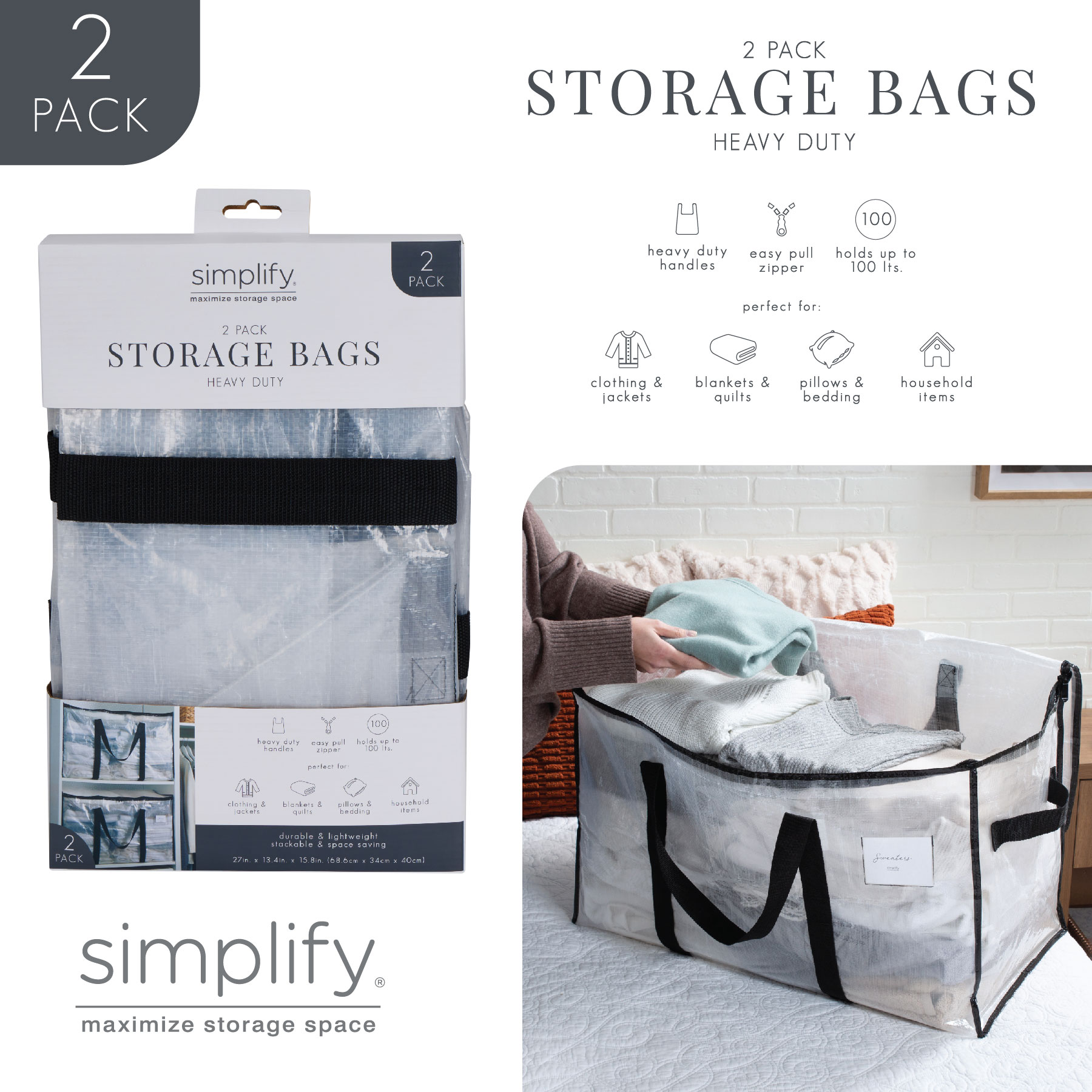 Organize It All 2 Pack Foldable Heavy Duty Storage Bags in Clear