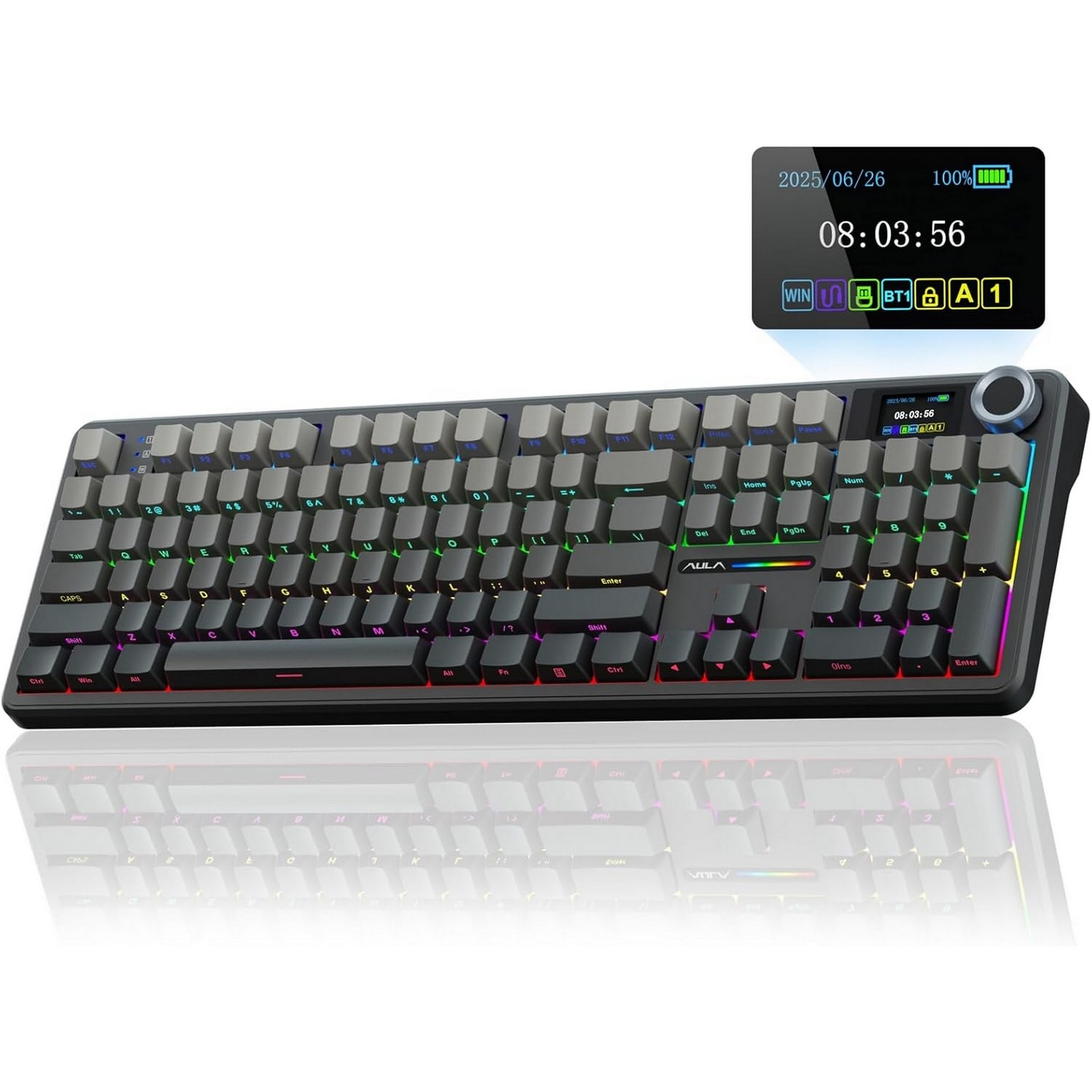 AULA F108 Pro Wireless Mechanical Gaming Keyboard-Hot Swappable-RGB Backlit-Smart Screen-Knob-Num Pad- Tri-Mode Connect USB-C/BT5.0/2.4Gh