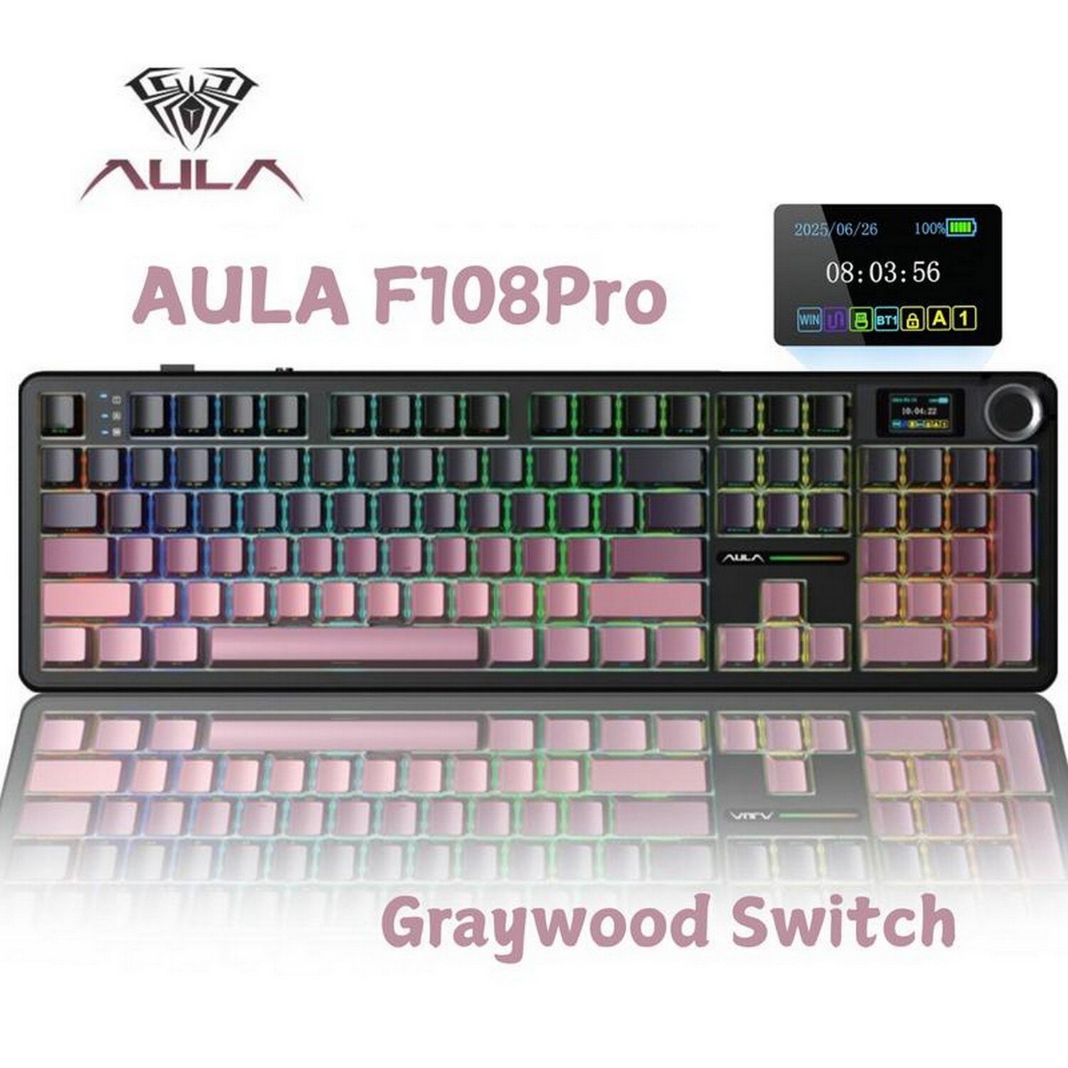 AULA F108 Pro Wireless Mechanical Gaming Keyboard-Hot Swappable-RGB Backlit-Smart Screen-Knob-Num Pad- Tri-Mode Connect USB-C/BT5.0/2.4Gh