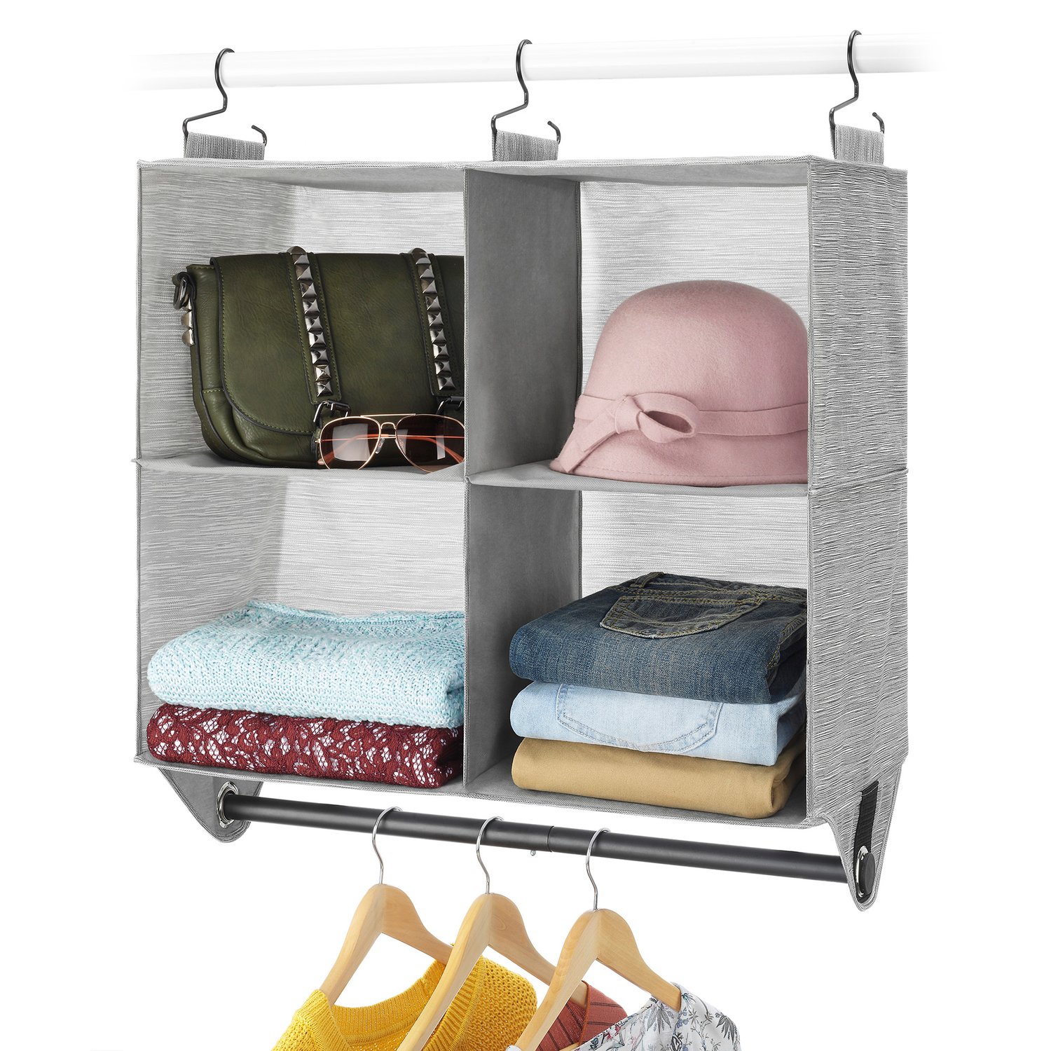 4-Section Fabric Closet Organizer with Built-in Chrome Garment Rod