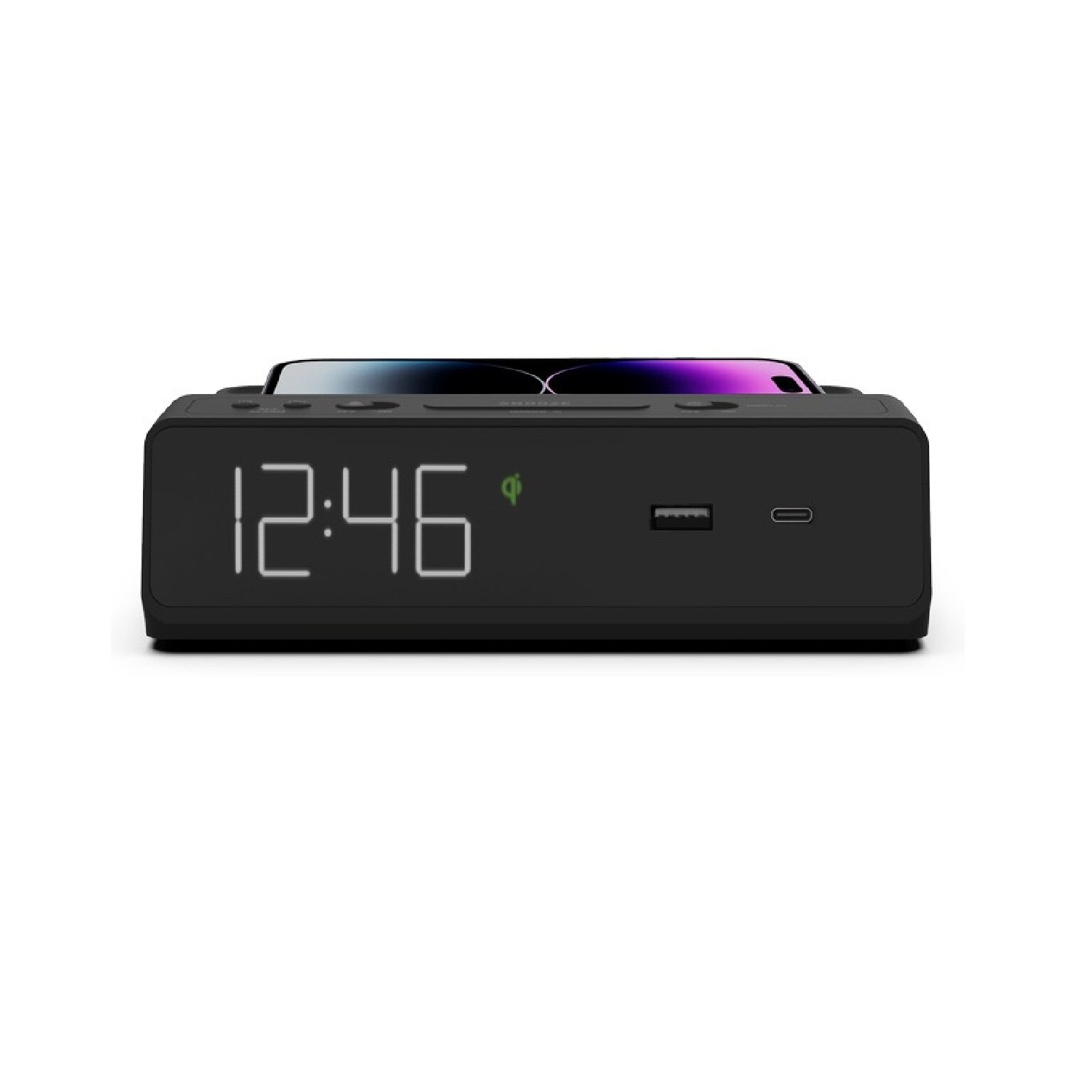 Station W Alarm Clock with USB & QI Wireless Charging in JetWay Black