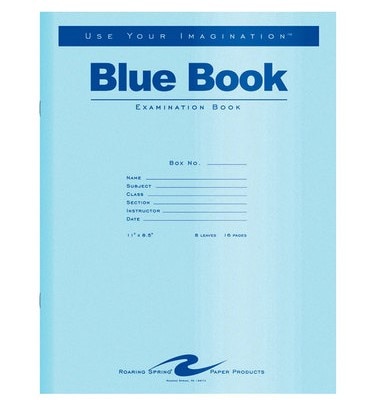 Test Blue Exam Book, Wide Ruled with Margin, 8.5" x 7" 8 Sheets/16 Pages, Blue Cover