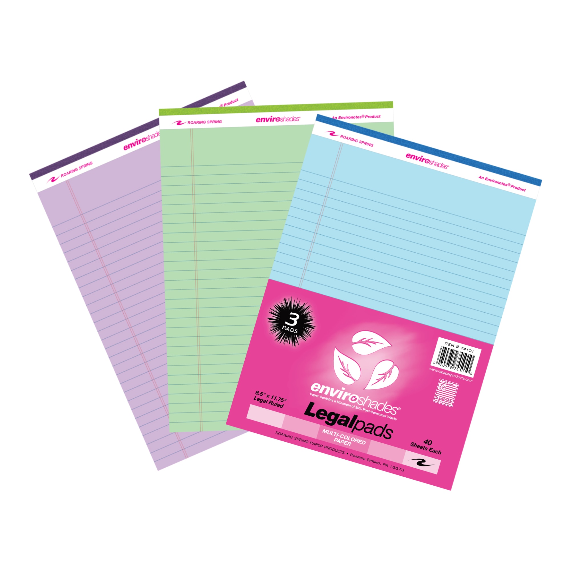 Roaring Spring Enviroshades Recycled Colored Legal Pads Pack of 3 8.5" x 11.75" 40 Sheets Per Pad Assorted Colors (Blue Orchid Green)