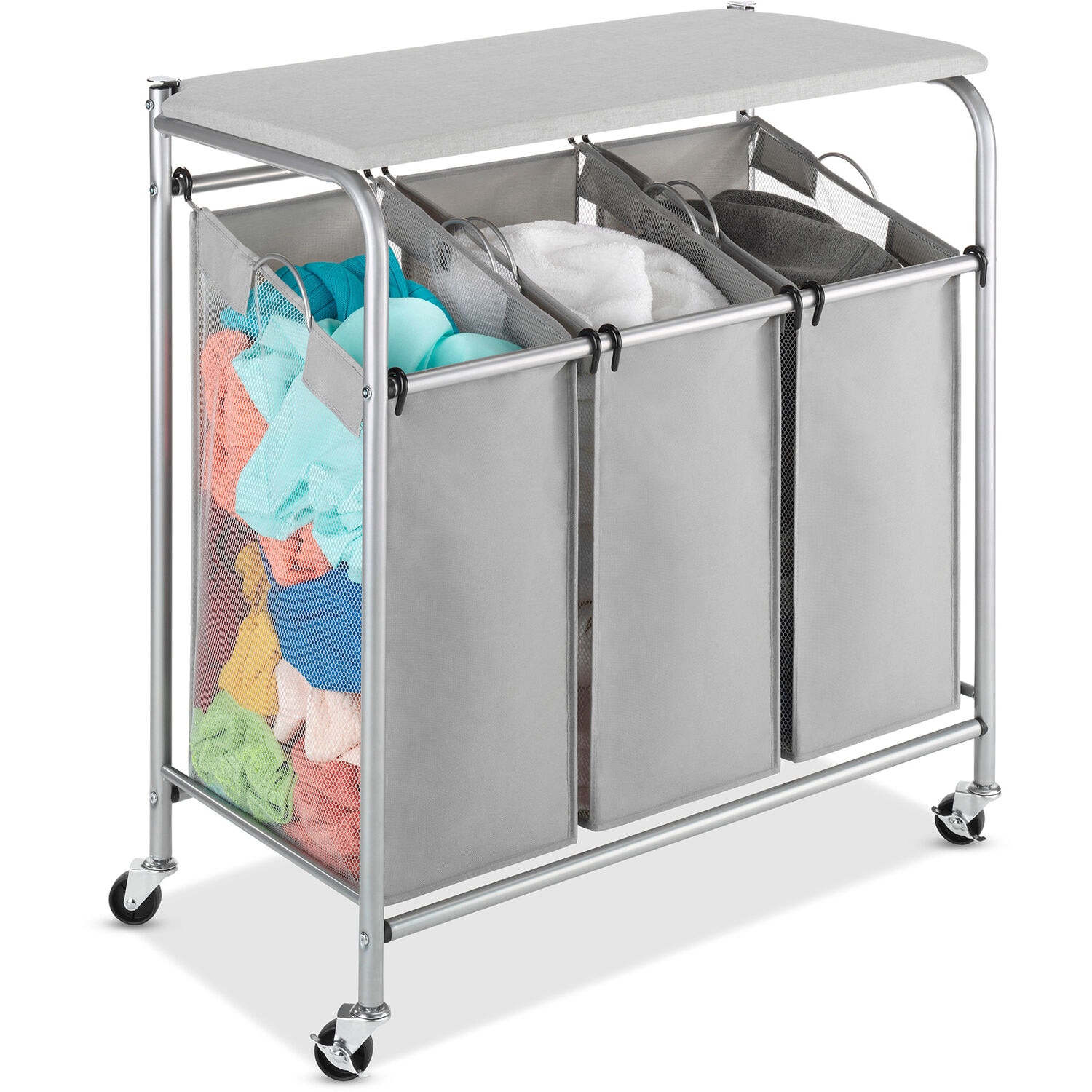 3 Section Rolling Laundry Sorter With Ironing and Folding Table