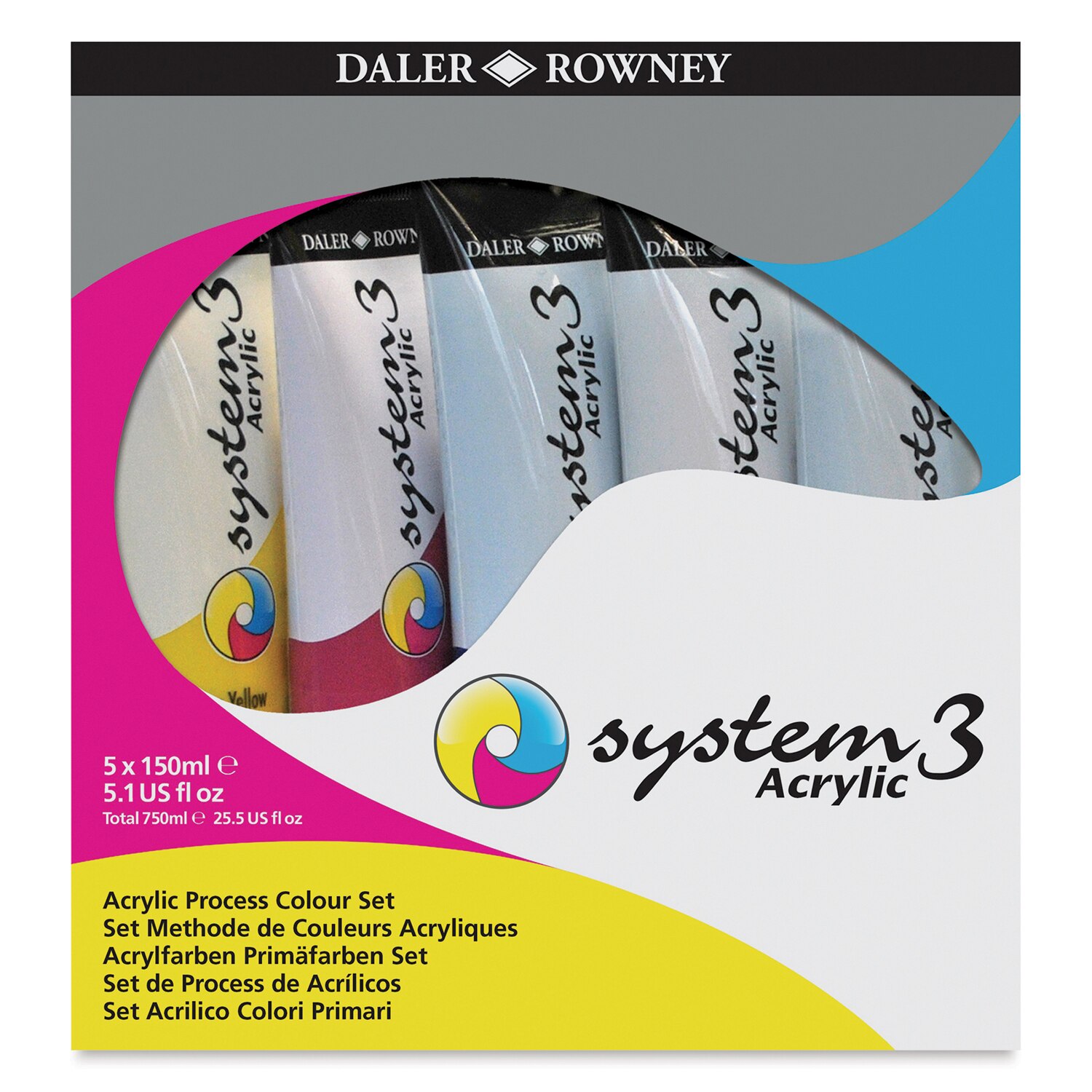Daler-Rowney System3 Medium Body Acrylic Paints - Set of 5 Process Colors 150 ml Tubes