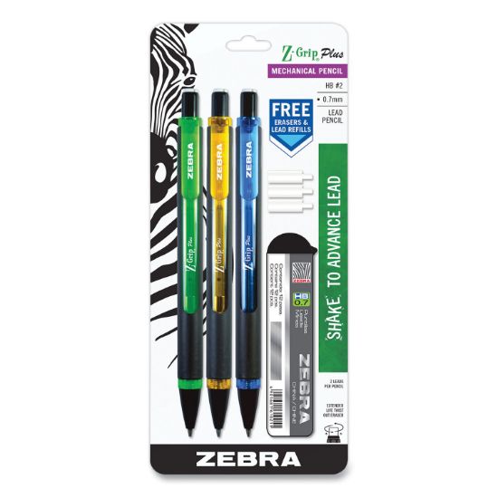 Zebra Z-Grip Plus Mechanical Pencil 0.7mm Asst 3pk + Lead, Erasers