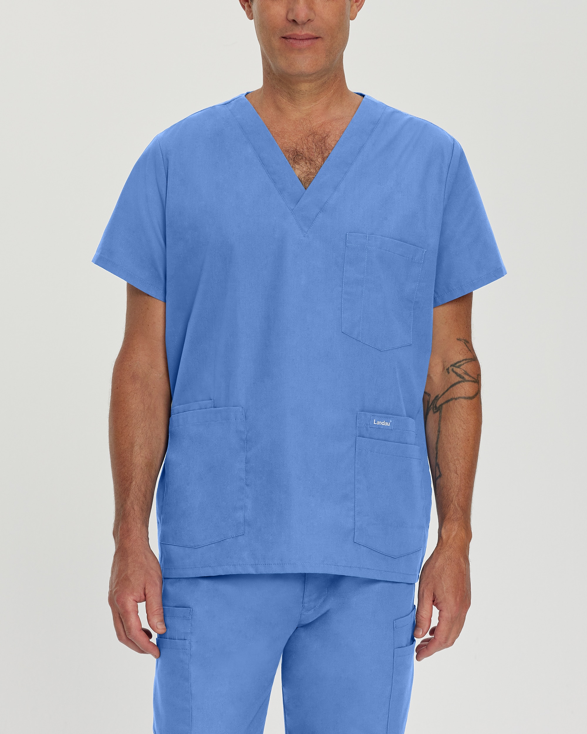 Landau Essentials Men's 5-Pocket V-Neck Scrub Top