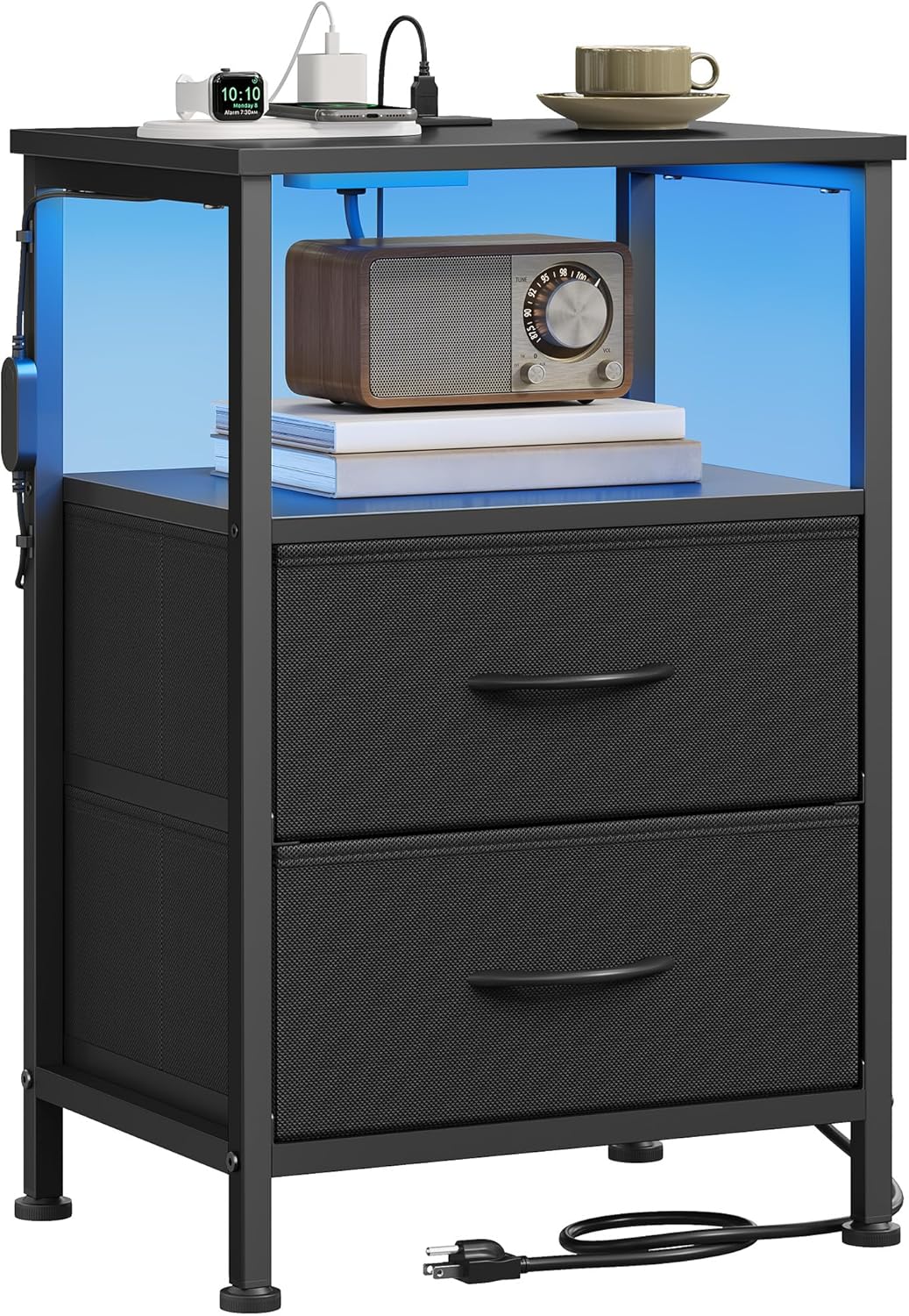 Charging Nightstand in Black with Two Drawers LED Lights