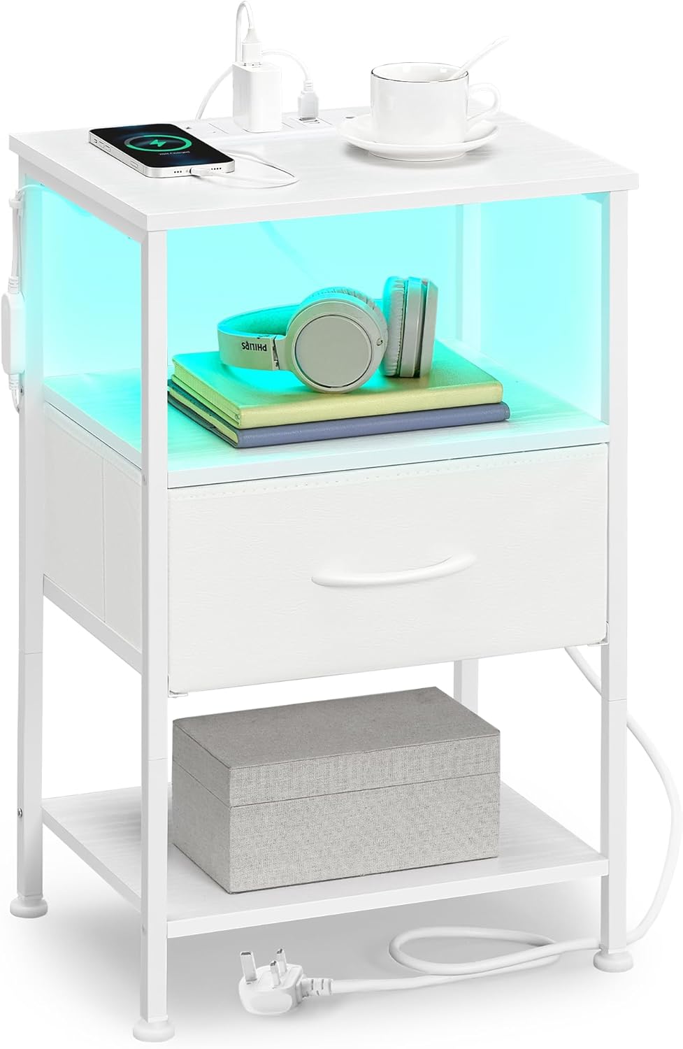 Charging Nightstand in White with One Drawer LED Lights