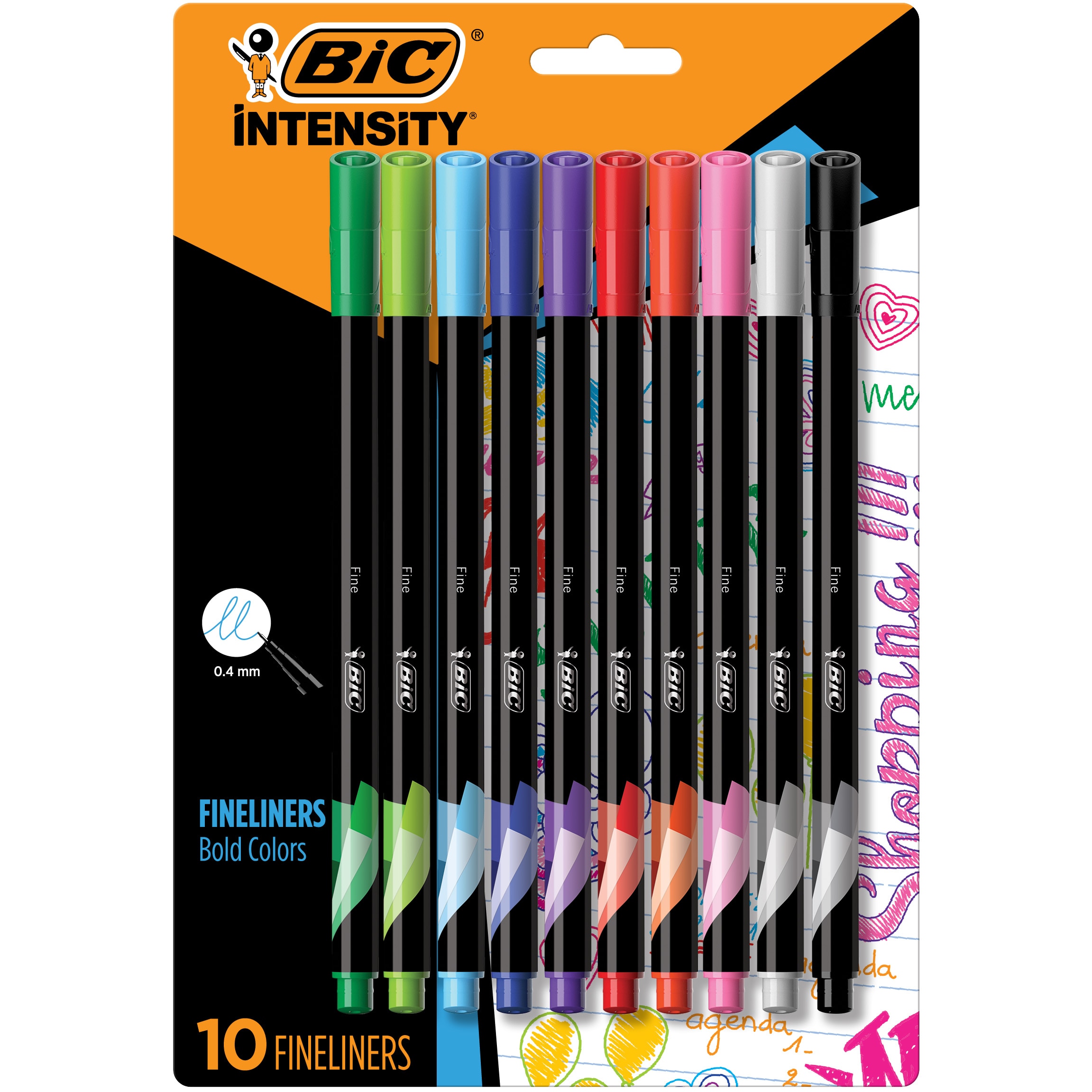 BIC Intensity Fineliner Marker Pens Fine Point 0.4mm Assorted Colors 10Pack