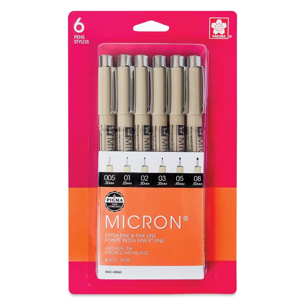 Sakura Pigma Micron Pens - Set of 6 Black Extra Fine and Fine Sizes