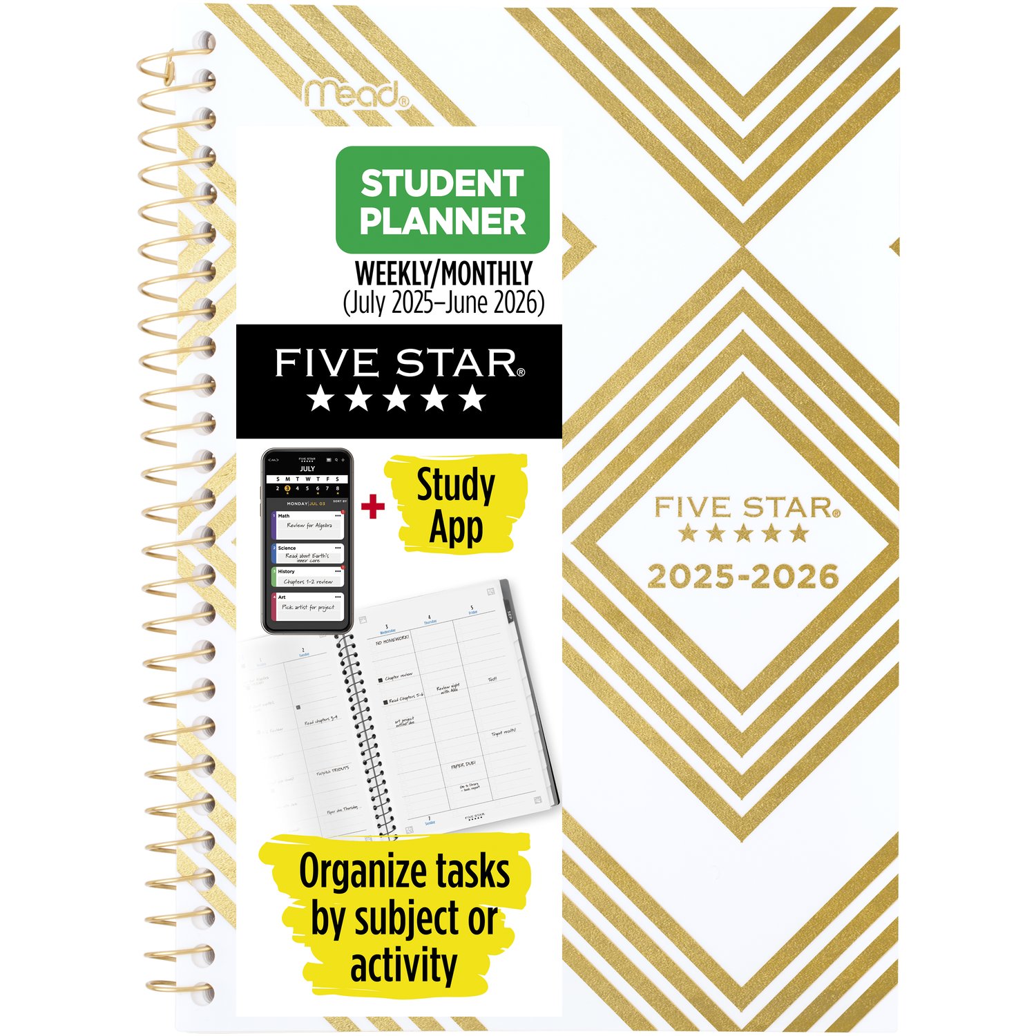 Five Star Academic 2025-2026 Weekly Monthly Planner Plus Study App Assorted Small