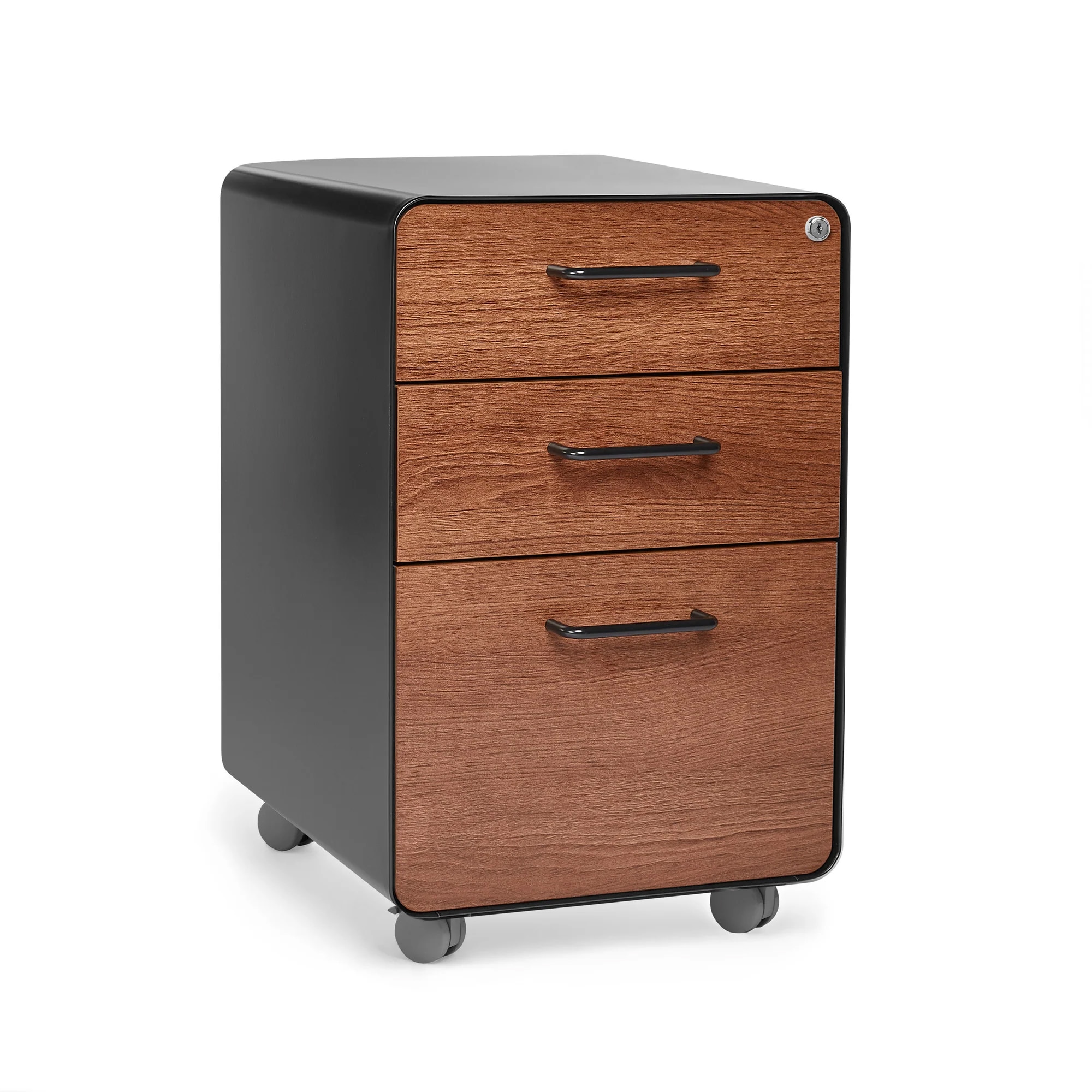 Poppin Stow 3-Drawer File Cabinet, Rolling, Black + Walnut