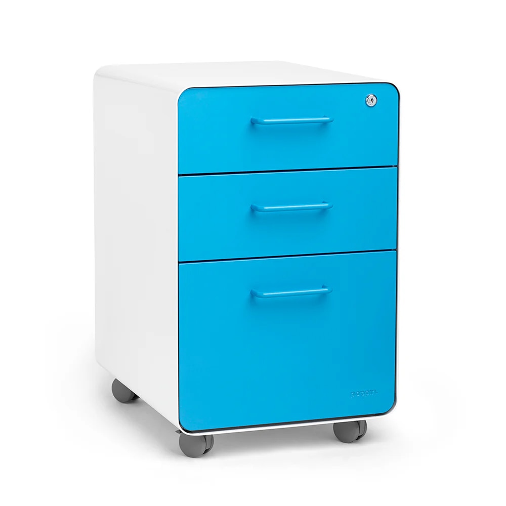 Poppin Stow 3-Drawer File Cabinet, Rolling, White + Pool Blue