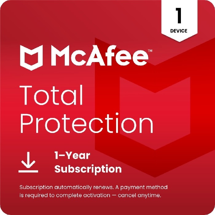 McAfee Total Protection AI 1-Year Subscription for Windows/Mac/Android/iOS/Chrome (1 Device) (Download)