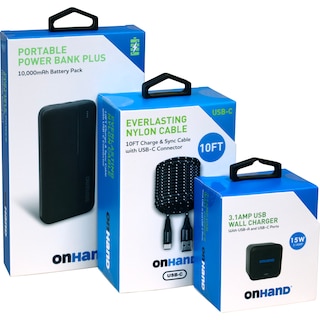 Image 1: Dual Port USB Wall Outlet 2-Port USB-A/PSB-C,  10ft USB-A to USB-C Charging Cable, and  Portable Power Bank 10,000mAh bundle