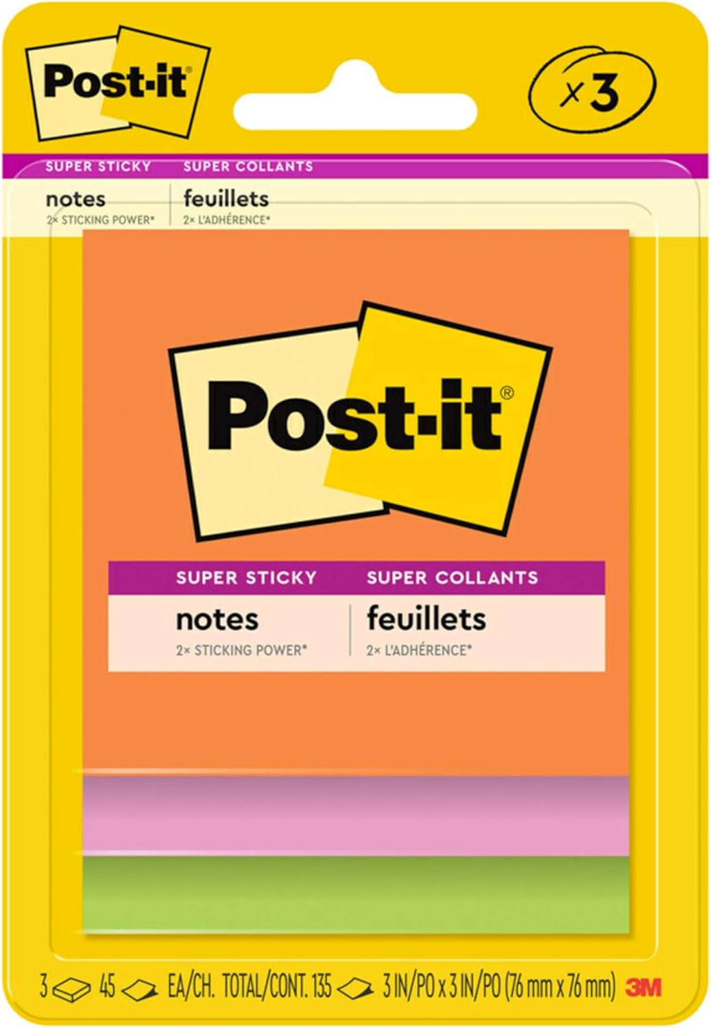 3M Post-it Super Sticky 3x3 Notes, 3 pack