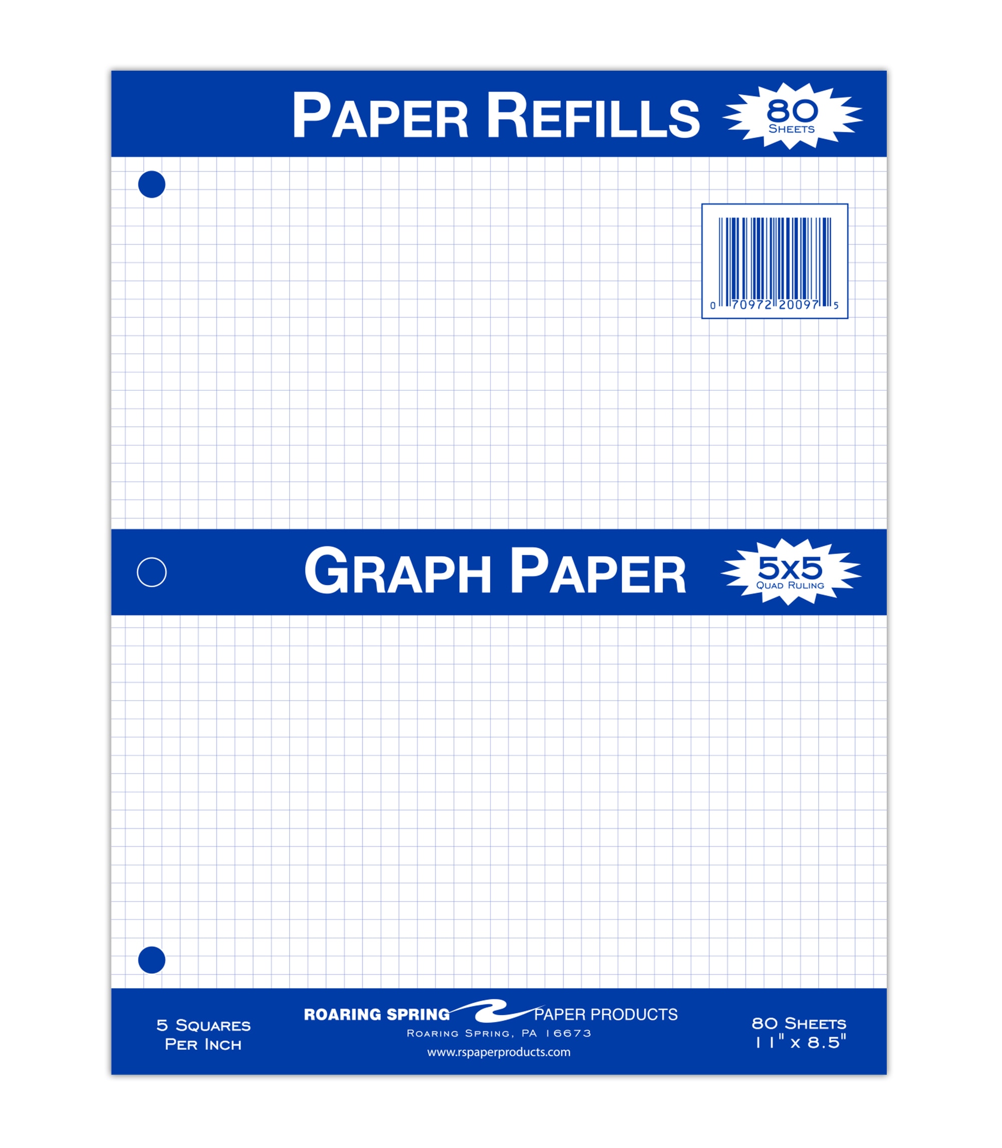 Roaring Spring Graph Filler Paper - White 8.5x11in 80Sht Bulk 5x5 Quad