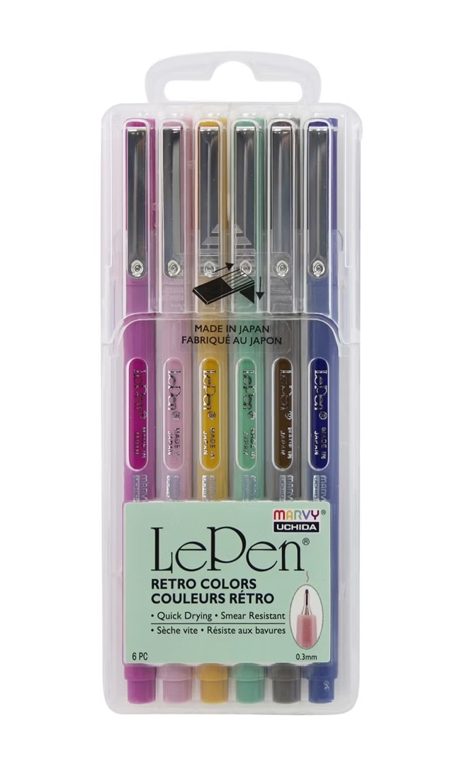 Le Pen  6 Piece Set Retro: Magenta, Pale Mauve, Mustard, Jade Green, Sepia, Navy
