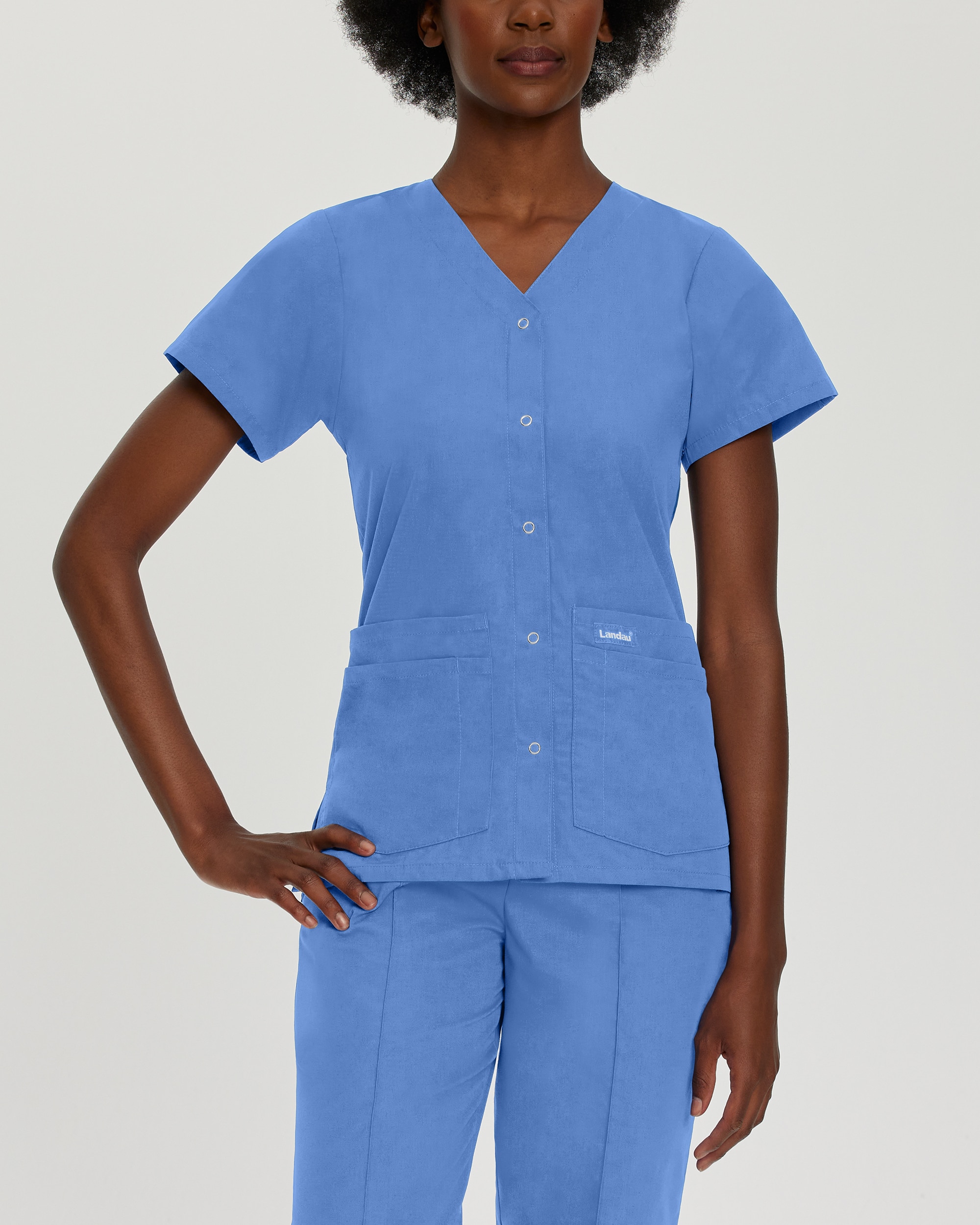 Women's Snap Front 4-Pocket V-Neck Solid Scrub Top