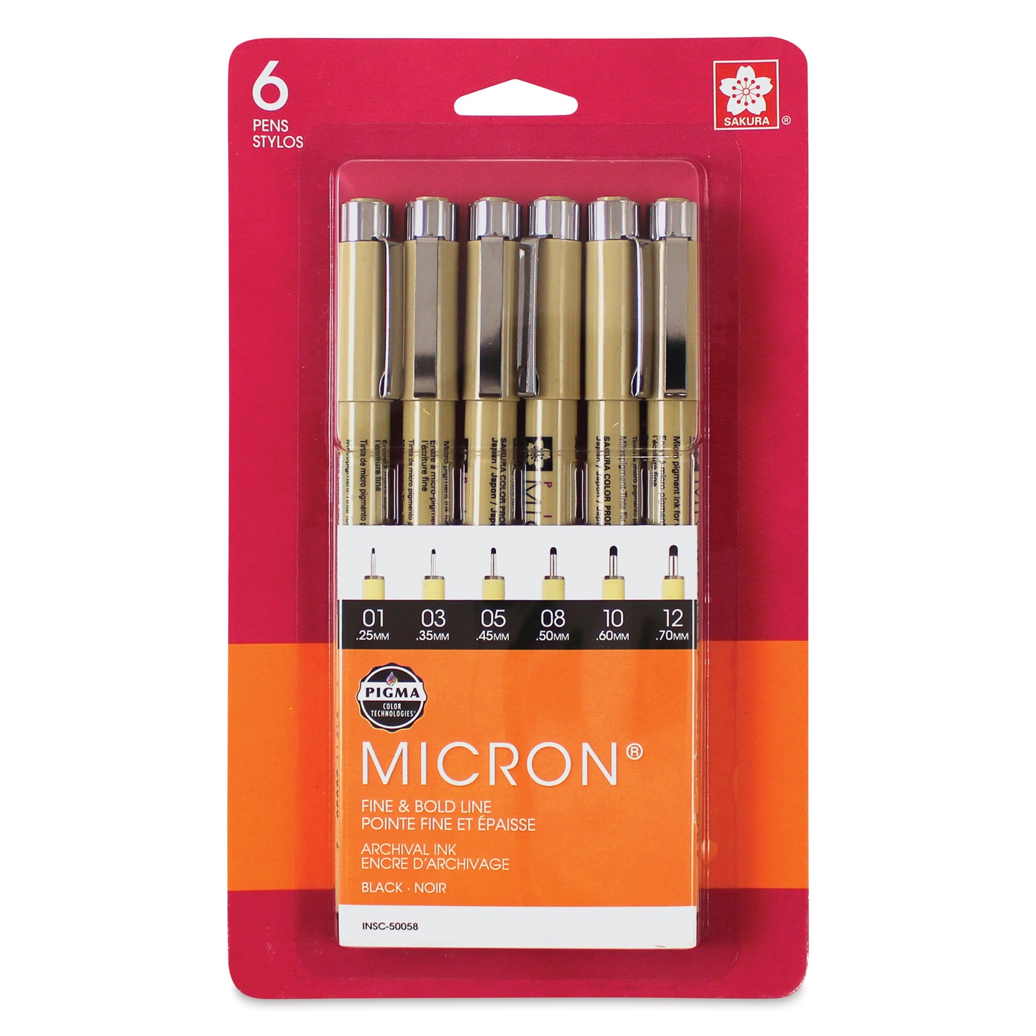 Sakura Pigma Micron Pens - Set of 6 Black Fine and Bold Sizes