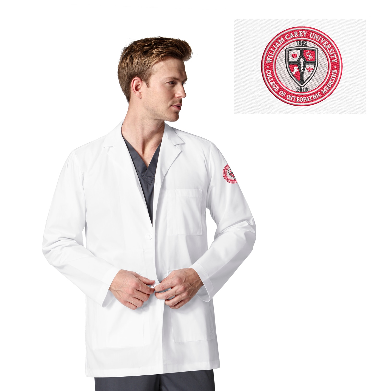 William Carey Custom Decorated WonderWink WHT Osteopathic Medicine Men's Consultation  Scrub Lab Coat, 7102WC1