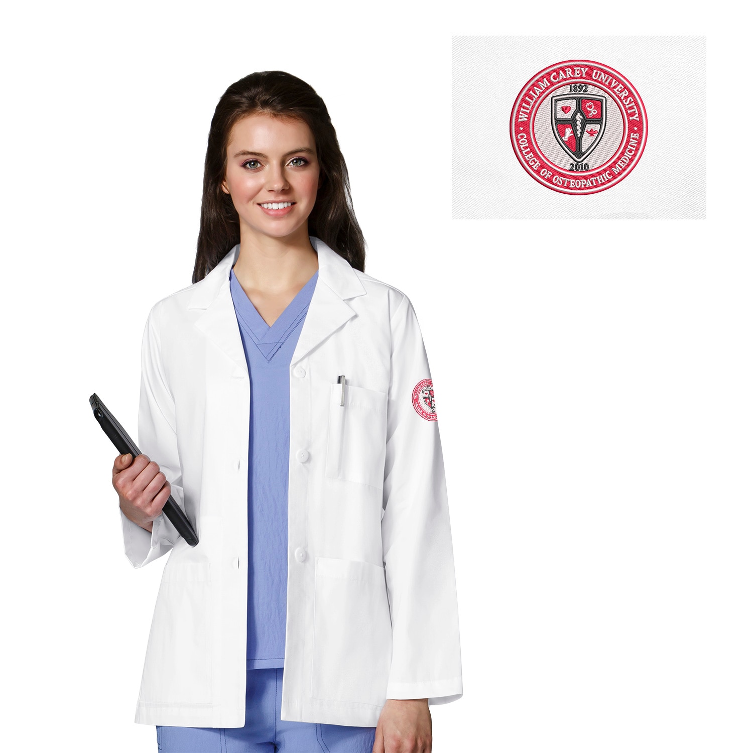 William Carey Custom Decorated WonderWink WHT Osteopathic Medicine Women's Consultation Scrub Lab Coat, 7202WC1