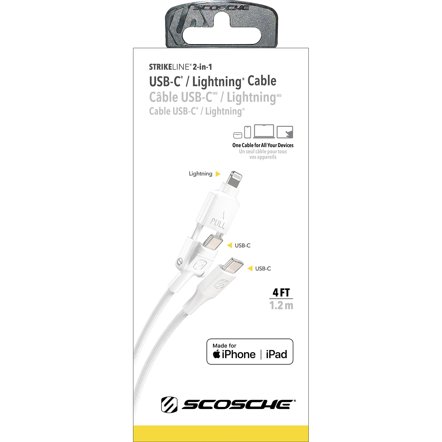 Scosche STRIKELINE 2-in-1 Braided Charge & Sync USB Cable 4ft- White