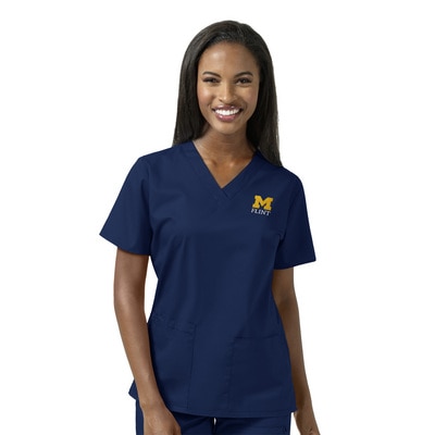 Michigan Wolverines Custom Decorated WonderWink WWK Women's V-Neck Scrub Top, 101FLNT1