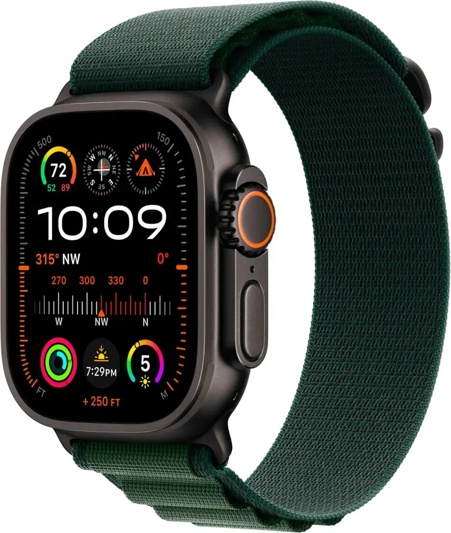 Apple Watch Ultra 2 GPS + Cellular 49mm Black Titanium Case with Dark Green Alpine Loop - Medium