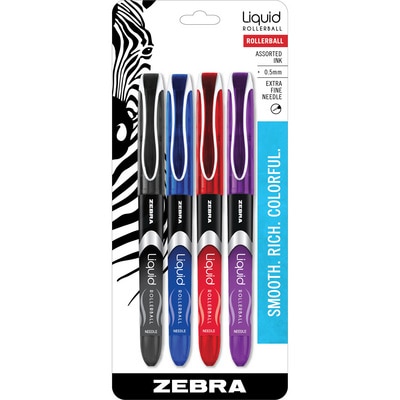 Zebra Liquid Rollerball Pens Needle Point 0.5mm Assorted 4/Pack