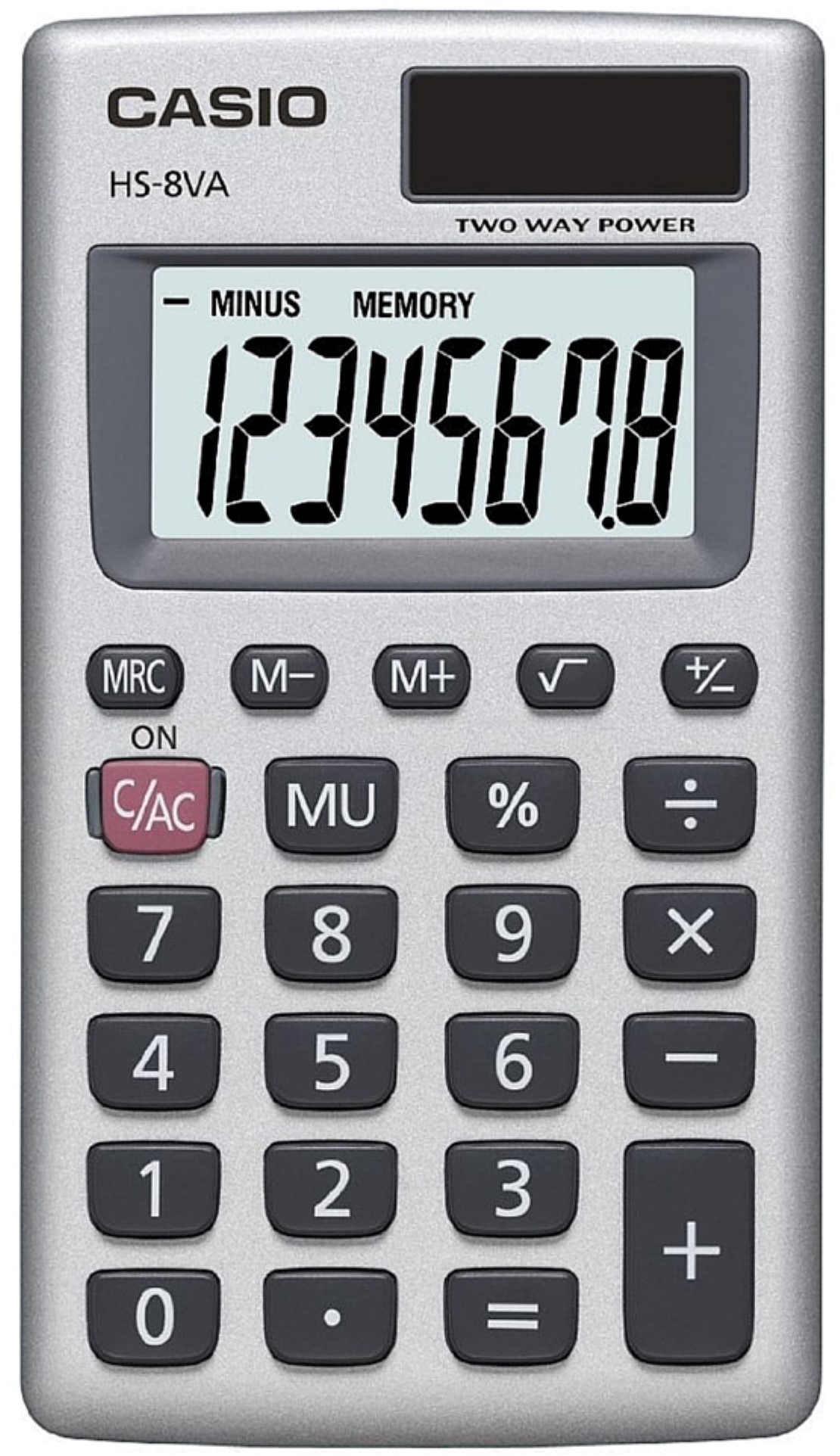 Battery and Solar Power The CASIO HS-8VE calculator operates in well-lit  areas using solar cell while in other light settings using battery power.  The
