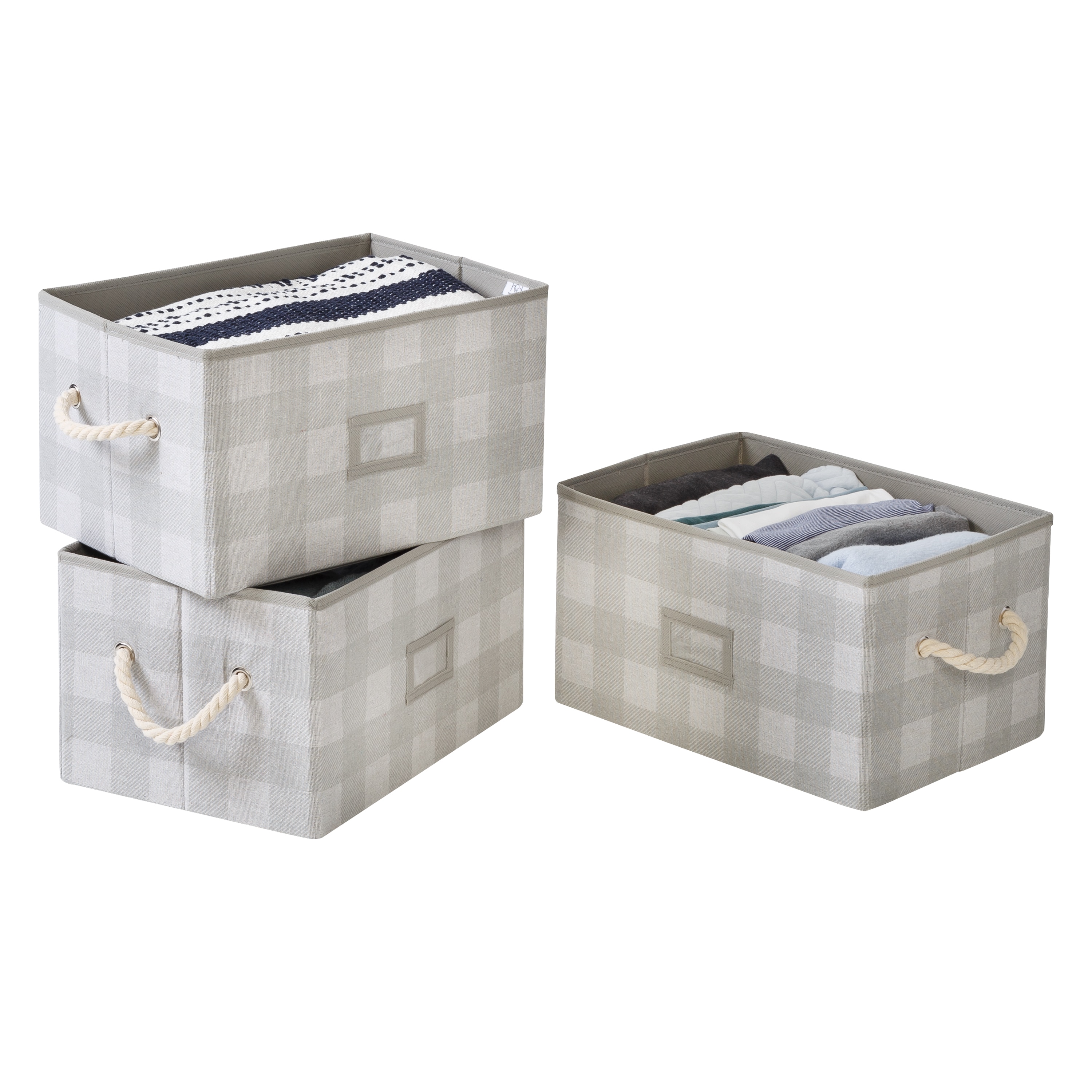 Set of 3 Folding Grey Plaid Fabric Storage Bins with Handles