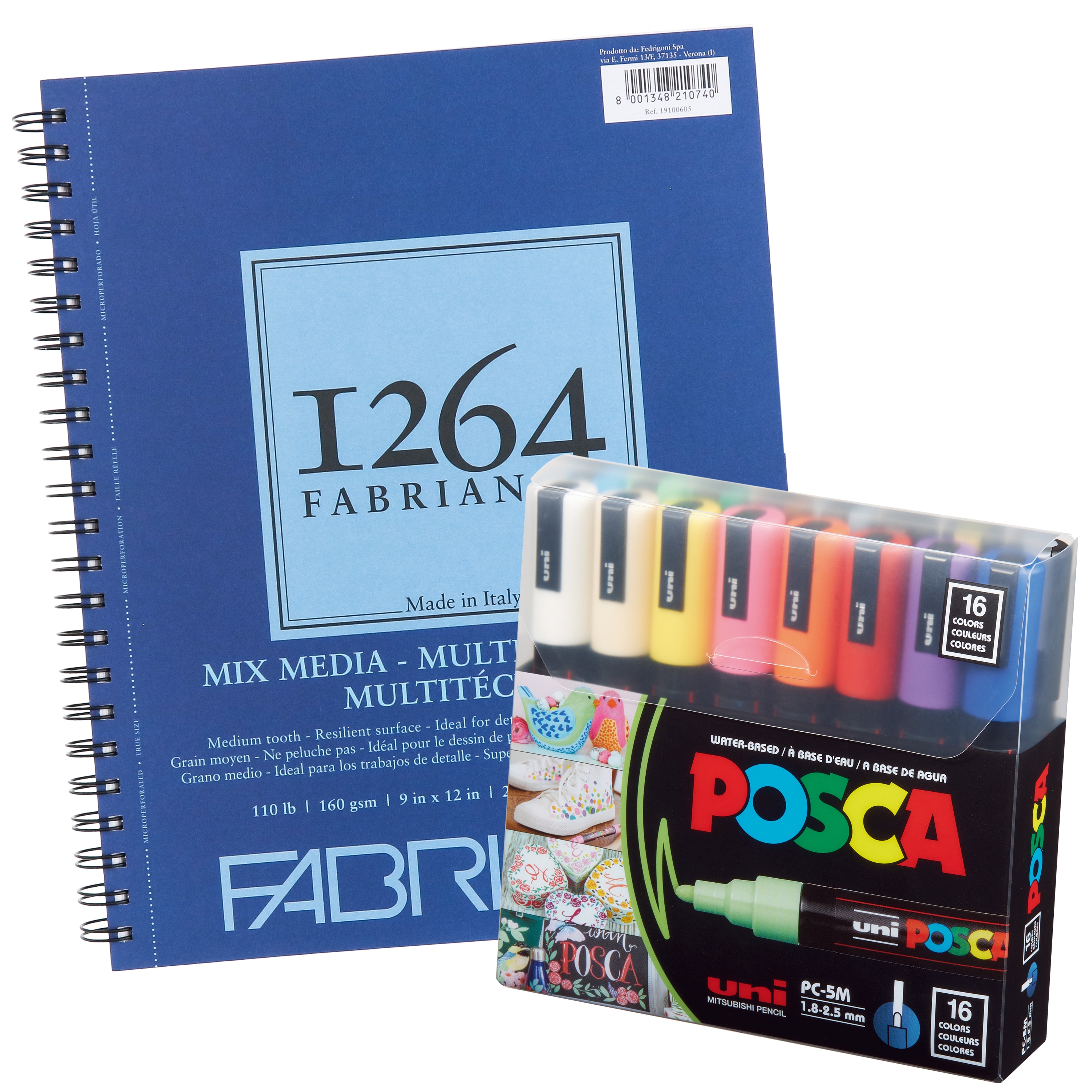 Fabriano 1264 Mixed Media Pad, and POSCA Marker 16-Color PC-5M Medium PtBundle