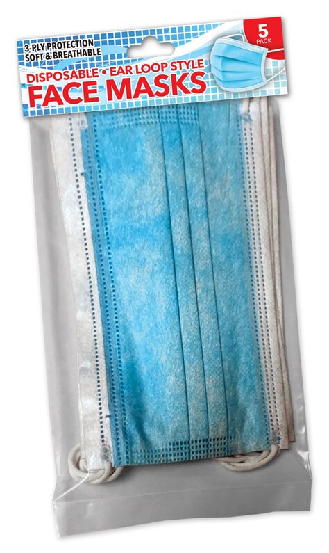 5 Fluid Resistant Disposable 3-ply Earloop Face Masks