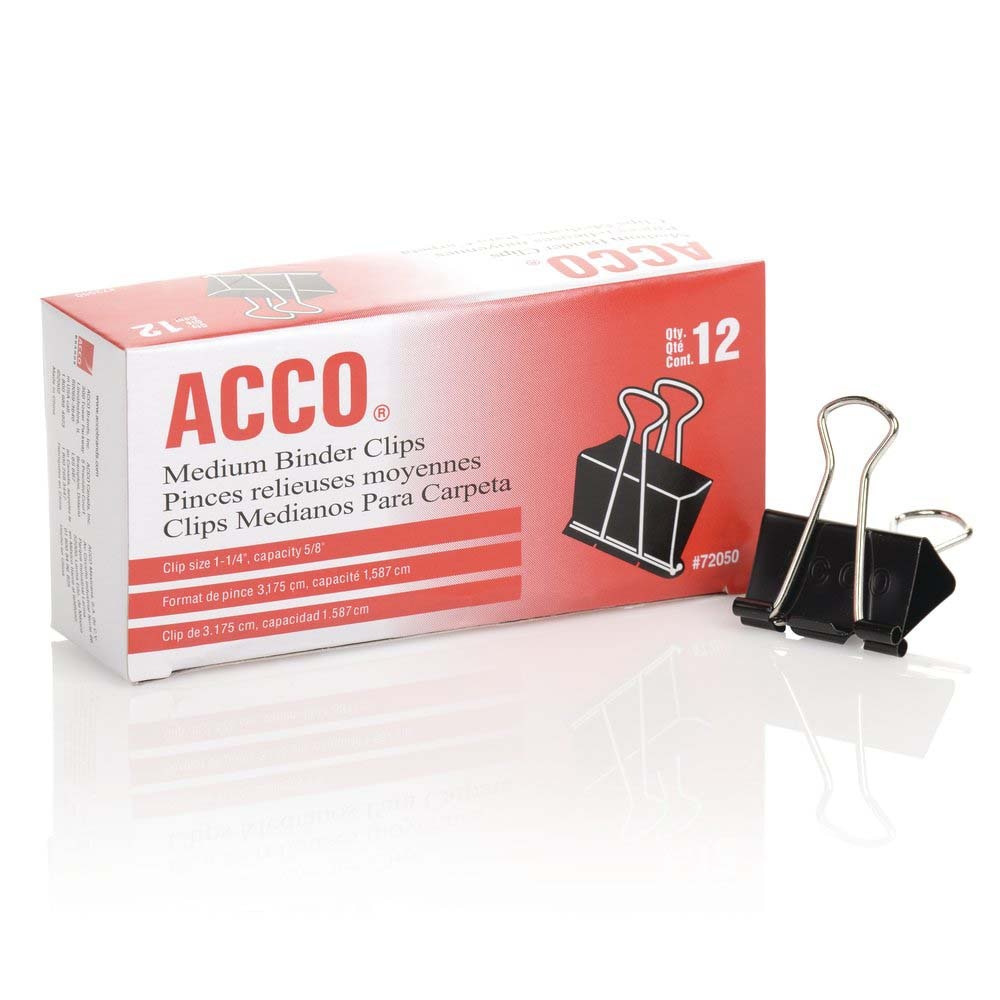 Acco Medium Binder 1-1/4" Clips, Steel Wire, 5/8" Capacity, Black/Silver, 12 Count