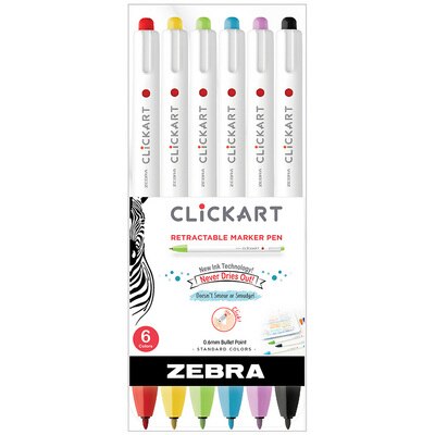 Zebra ClickArt Retractable Marker Pen 0.6mm Assorted 6Pack