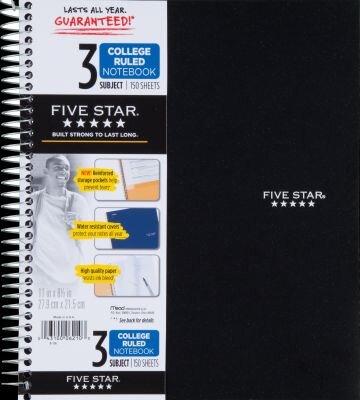 Five Star Wirebound Notebook 3 Subject College Ruled 11 x 8 12 Assorted Colors 150 ct