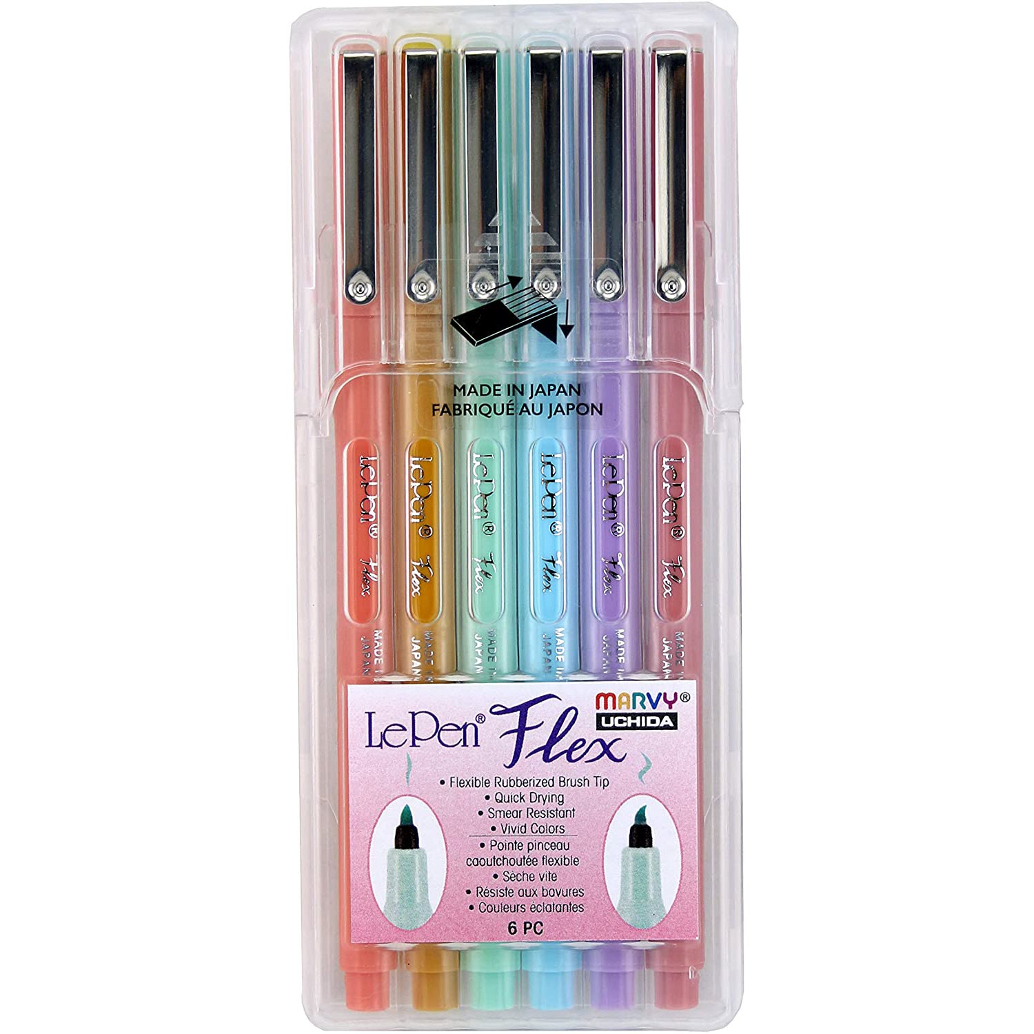 Le Pen Flex 6 Piece Set Pastel: Dusty Pink, Coral Pink, Ochre, Peppermint, Pale Blue, Wisteria, Amethyst, Magenta, Teal, Orental Blue