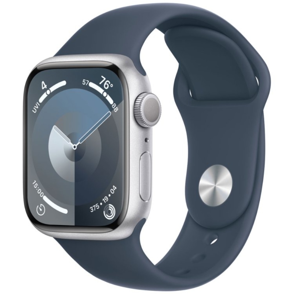 Apple Watch Series 9 GPS + Cellular 45mm Silver Aluminum Case with Storm Blue Sport Band - M/L