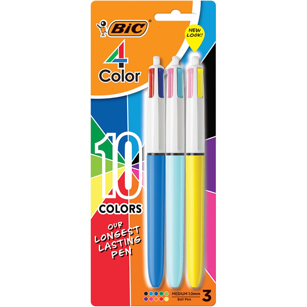 4-Color Medium Point Ball Pen 3-Pack Blister (10 ink colors)