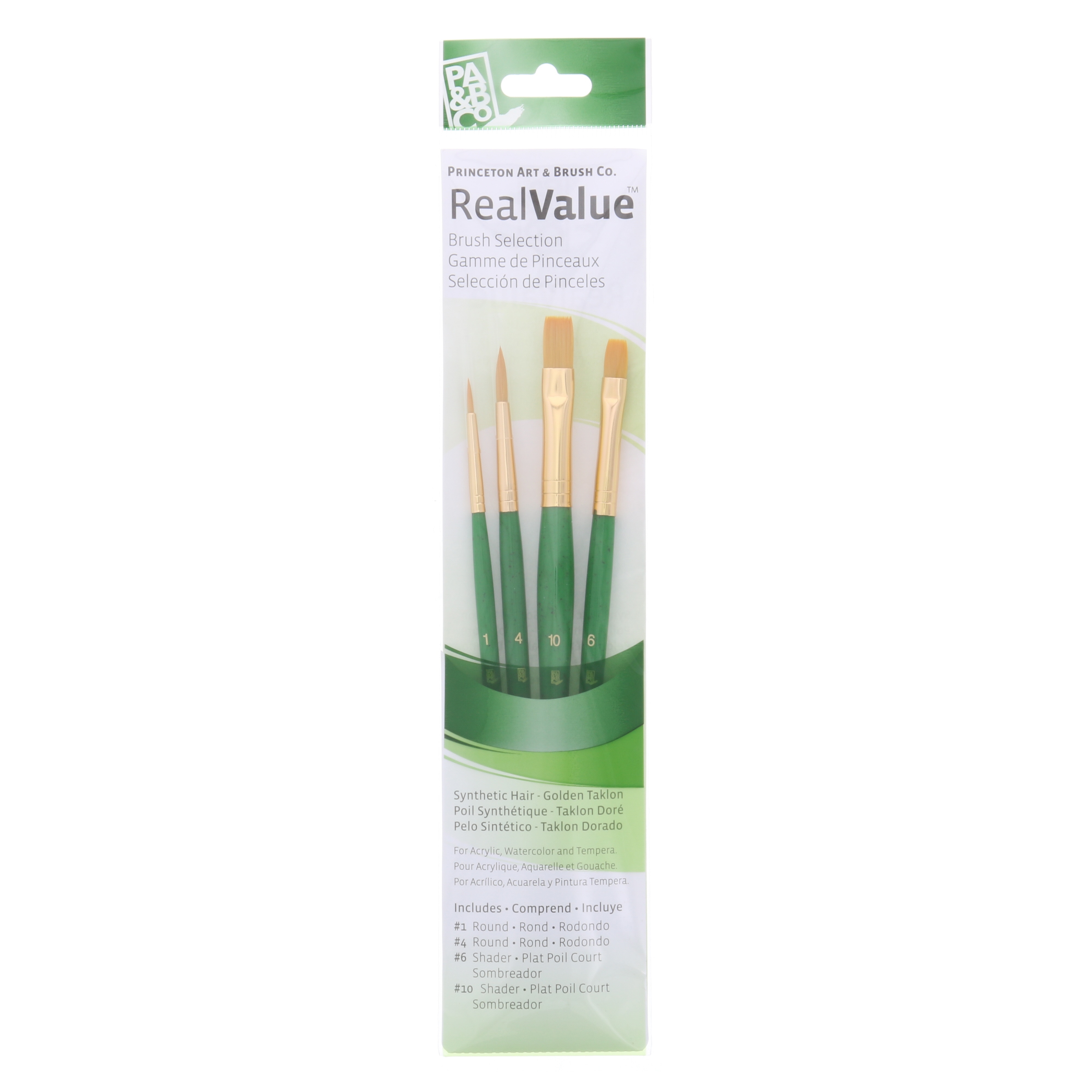 Princeton Brush Real Value 4-Brush Golden Taklon Brush Set, Round 1, 4, Shader 6, 10